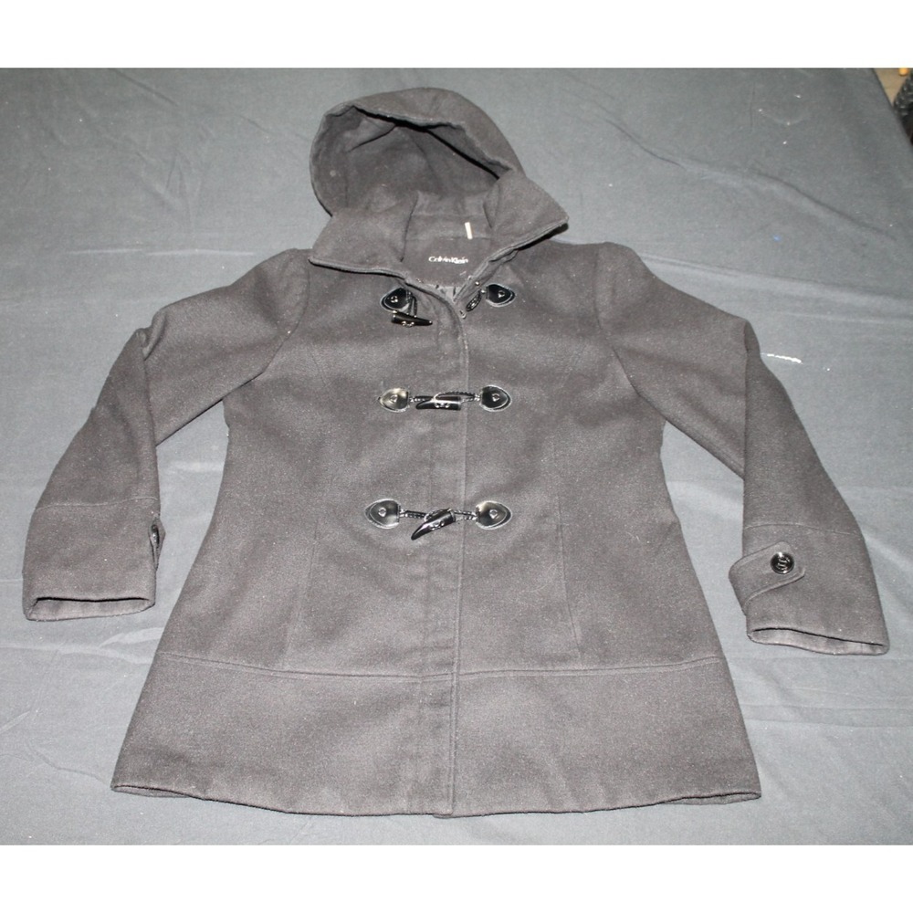 Calvin Klein Women's Black Hooded Toggle Coat Heavyweight Peacoat Jacket M/L